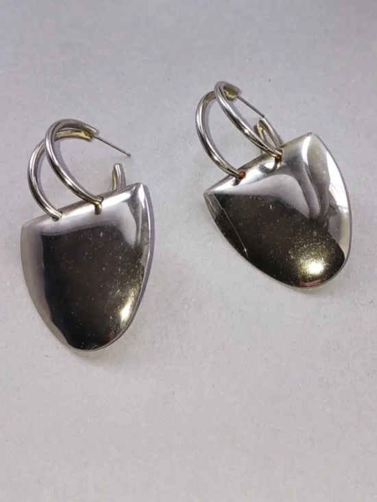 Jewelry - Vintage Silver Shield Drop Hoop Earrings - Polished Silver Tone